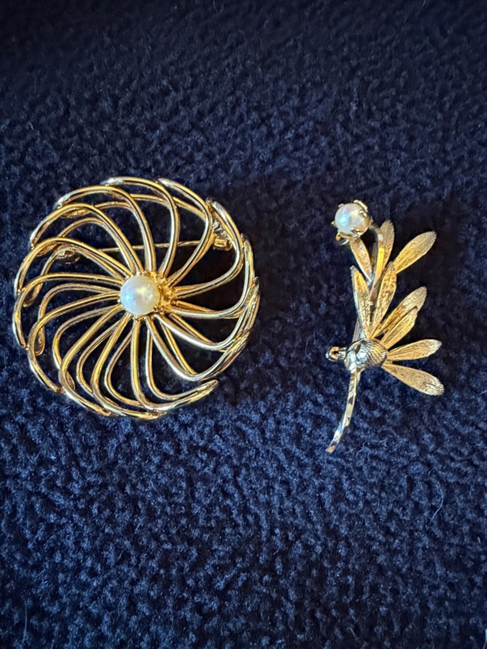 Vintage Gold Tone & Faux Pearl Brooches, Set of 2